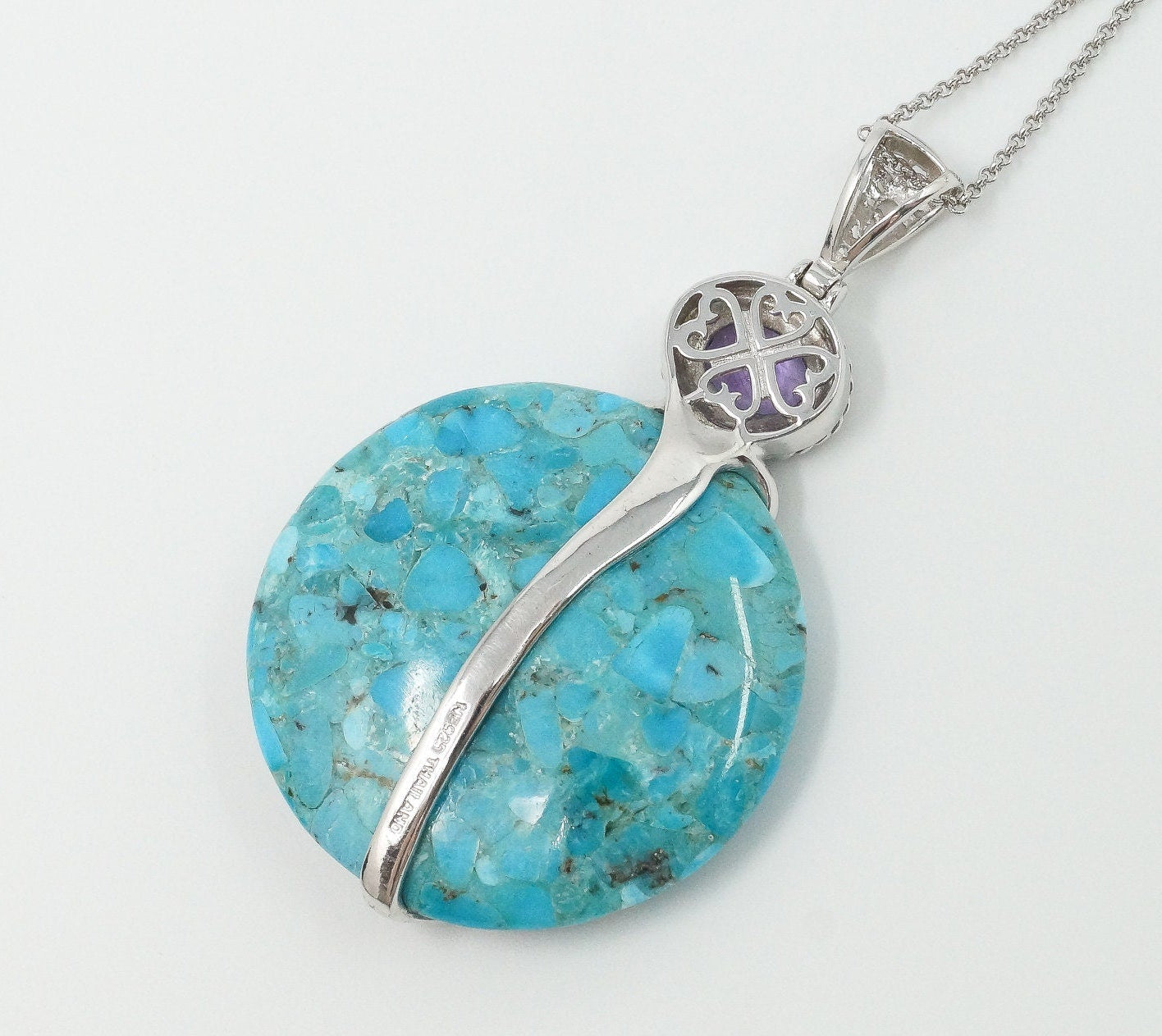 Large Blue Mojave Turquoise Amethyst Sterling Silver Necklace