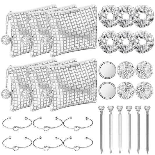 Reginary 30 Pcs Disco Party Favors Disco Ball Makeup Bag Hair Scrunchies Compact Mirror Love Knot Bracelet Diamond Pen for Bachelorette Last Rodeo Bridal Shower Bridesmaid 80s 90s Gifts