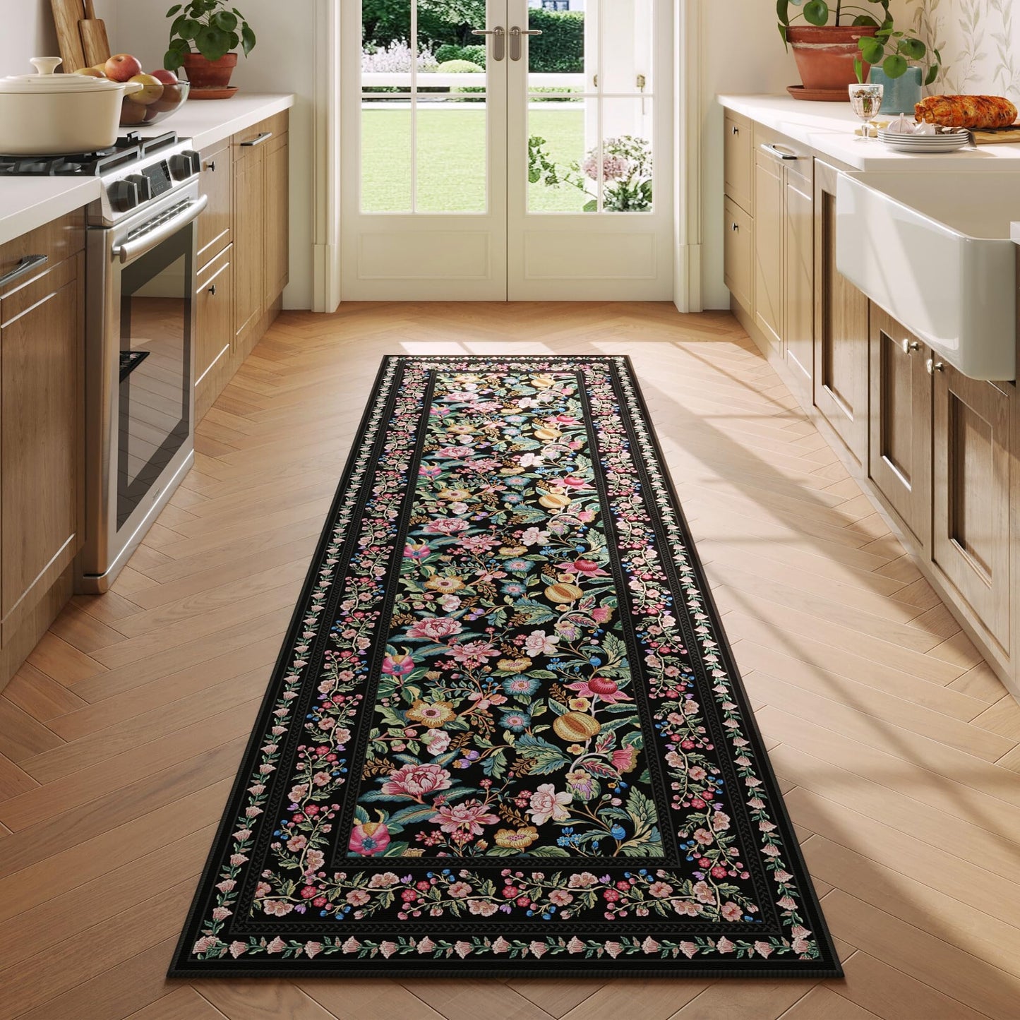 Non-Slip Runner Rug 2'x6' - Black Vintage Floral Washable Rug *Great Price*