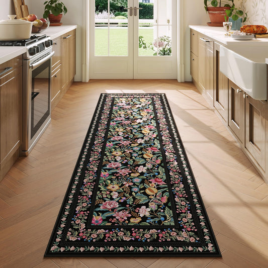 Non-Slip Runner Rug 2'x6' - Black Vintage Floral Washable Rug *Great Price*