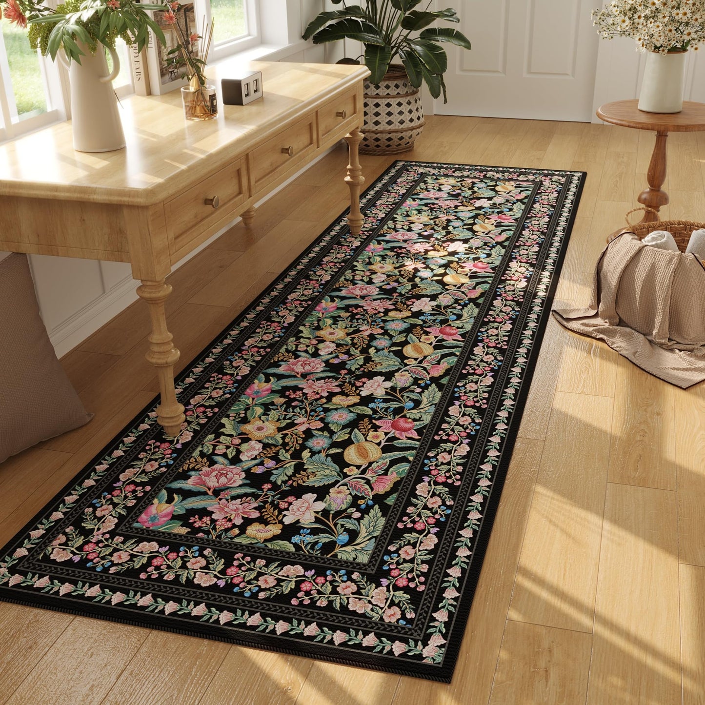 Non-Slip Runner Rug 2'x6' - Black Vintage Floral Washable Rug *Great Price*