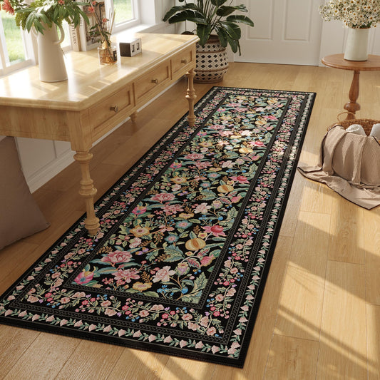 Non-Slip Runner Rug 2'x6' - Black Vintage Floral Washable Rug *Great Price*
