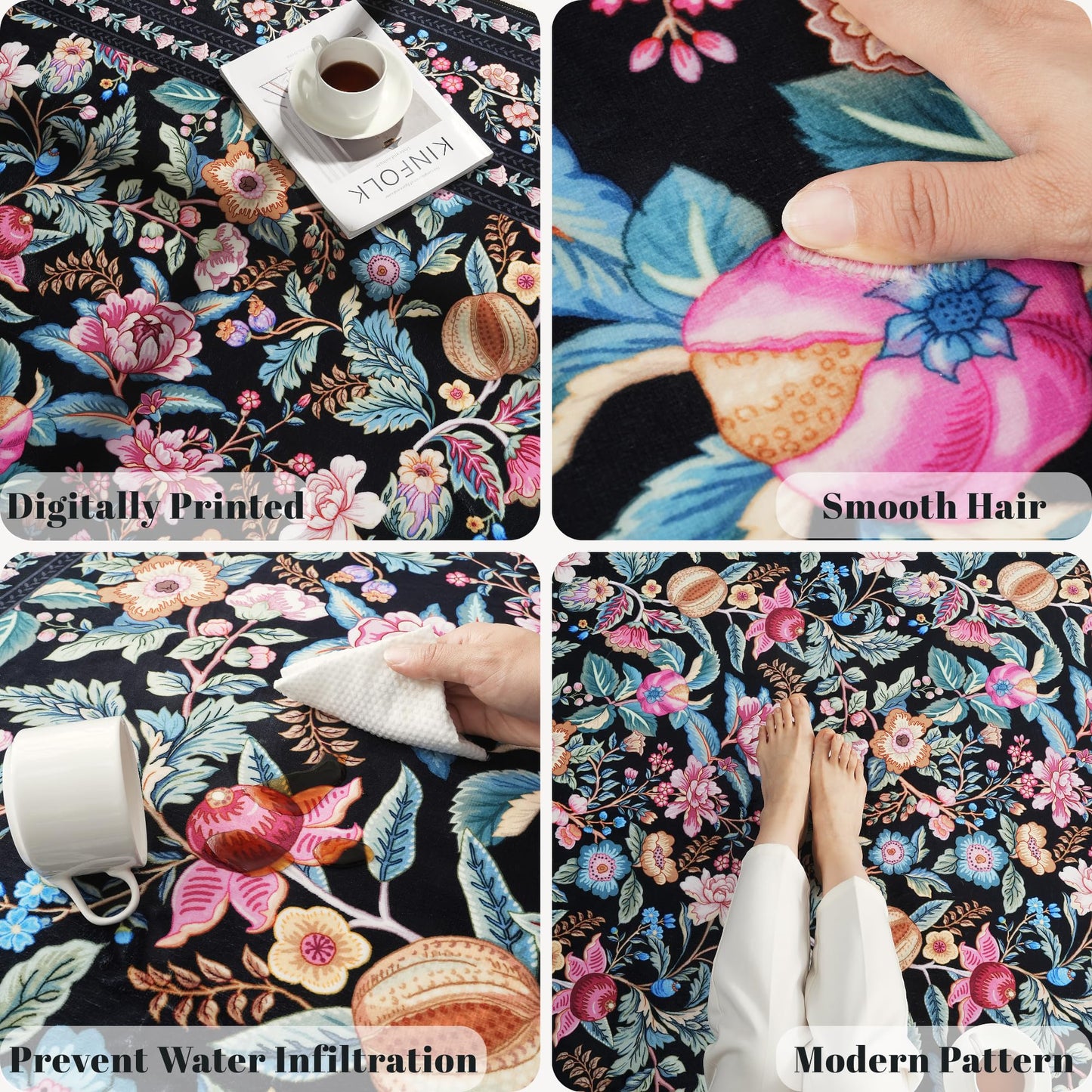 Non-Slip Runner Rug 2'x6' - Black Vintage Floral Washable Rug *Great Price*