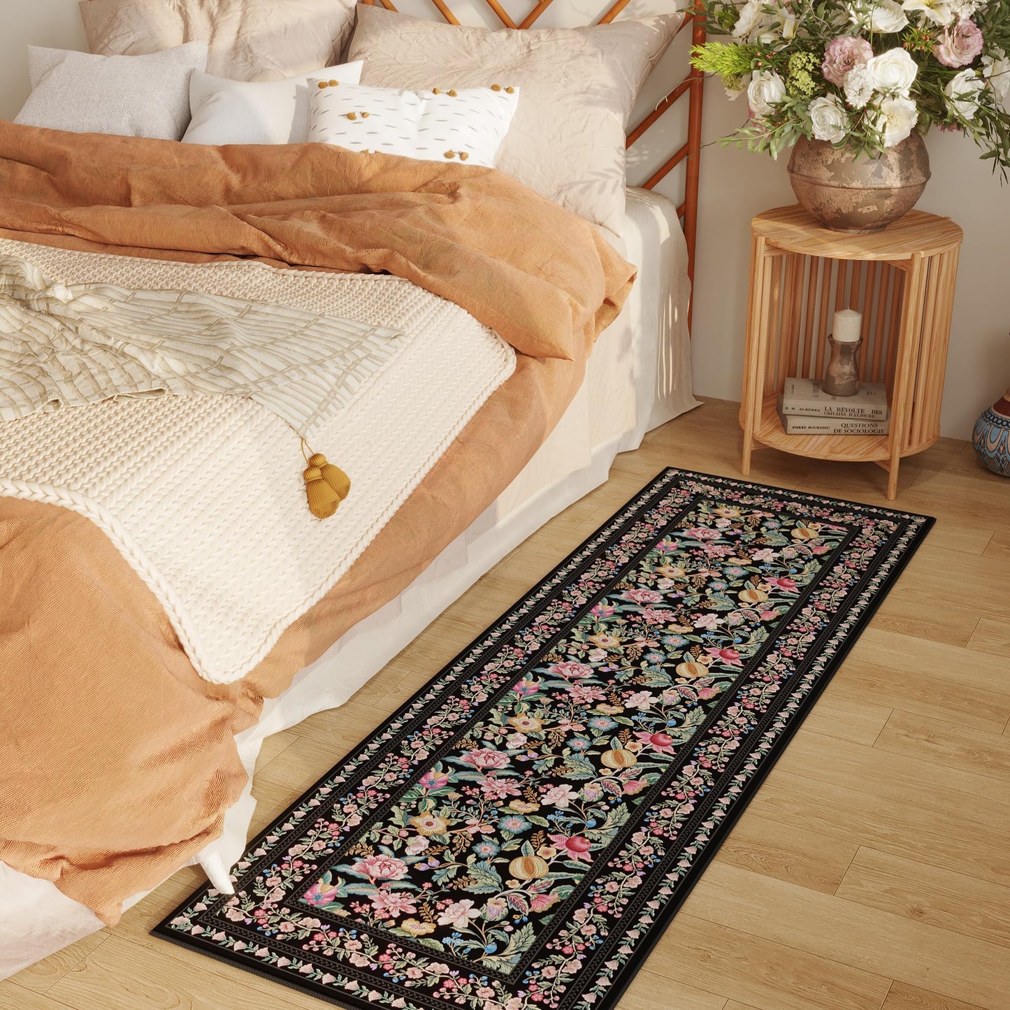 Non-Slip Runner Rug 2'x6' - Black Vintage Floral Washable Rug *Great Price*