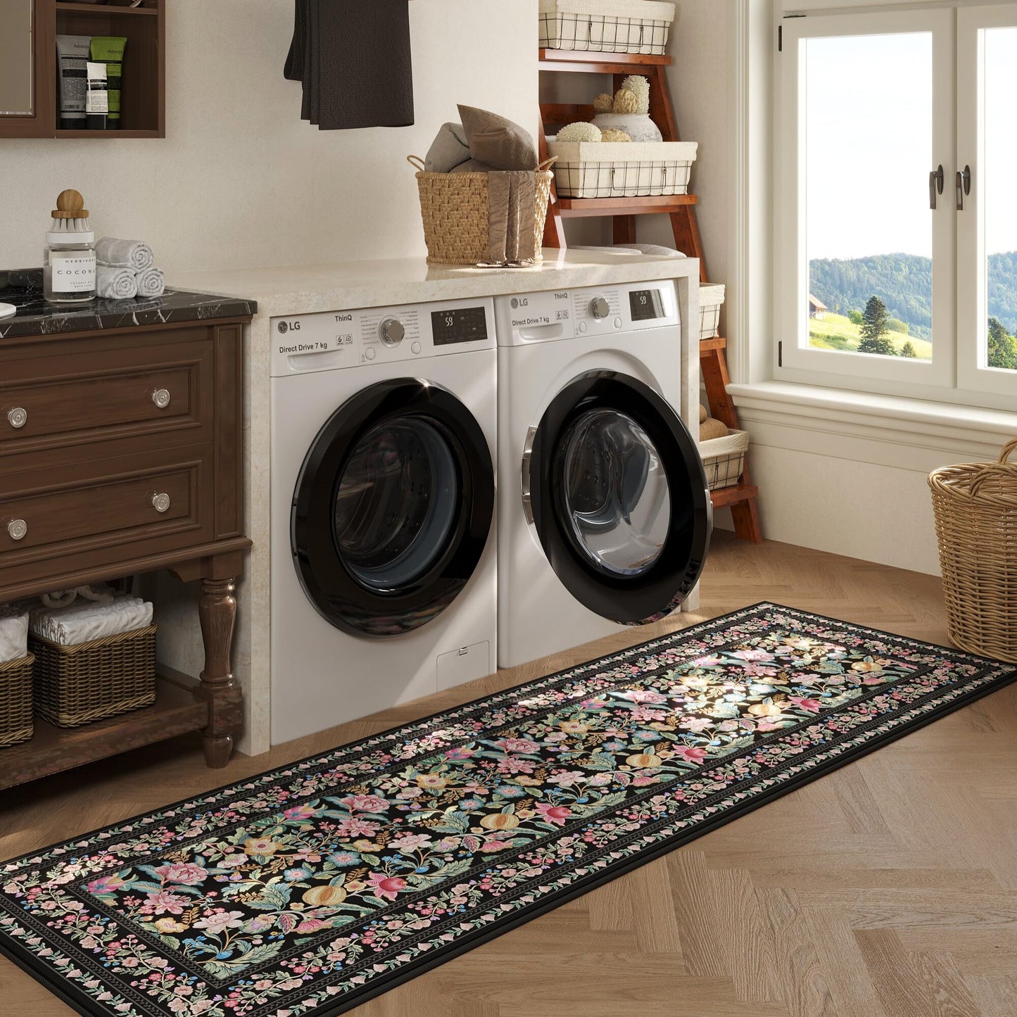 Non-Slip Runner Rug 2'x6' - Black Vintage Floral Washable Rug *Great Price*