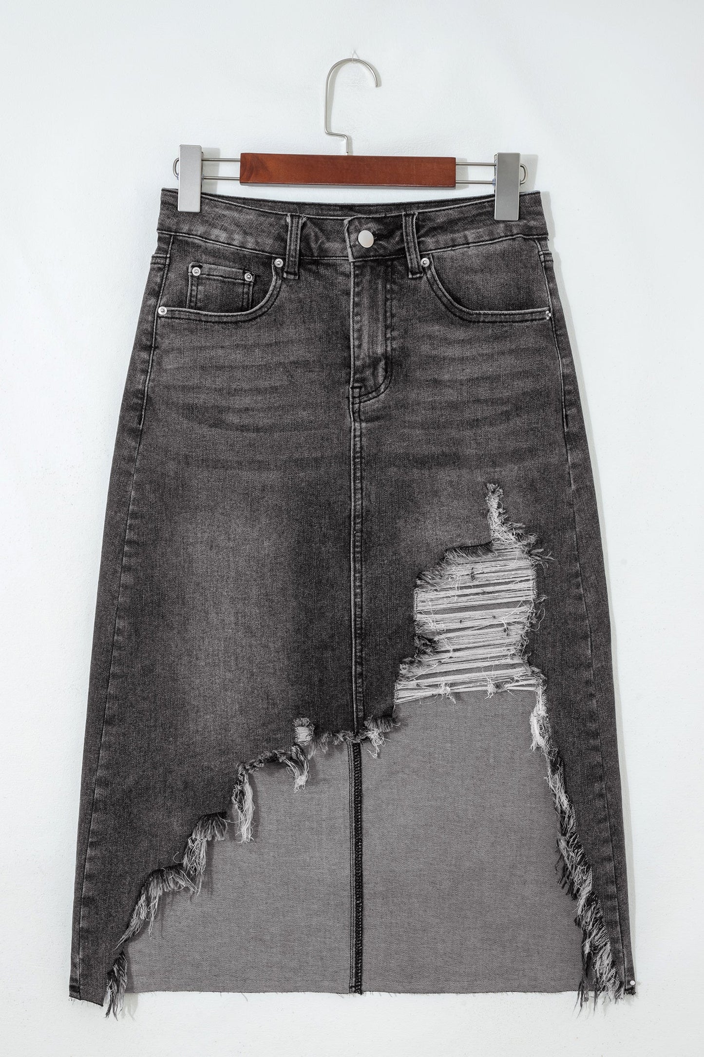 Denim Asymmetrical Distressed Midi Skirt