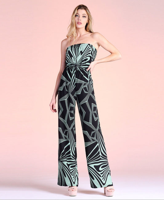 Geo Print Tie Back Strapless Jumpsuit