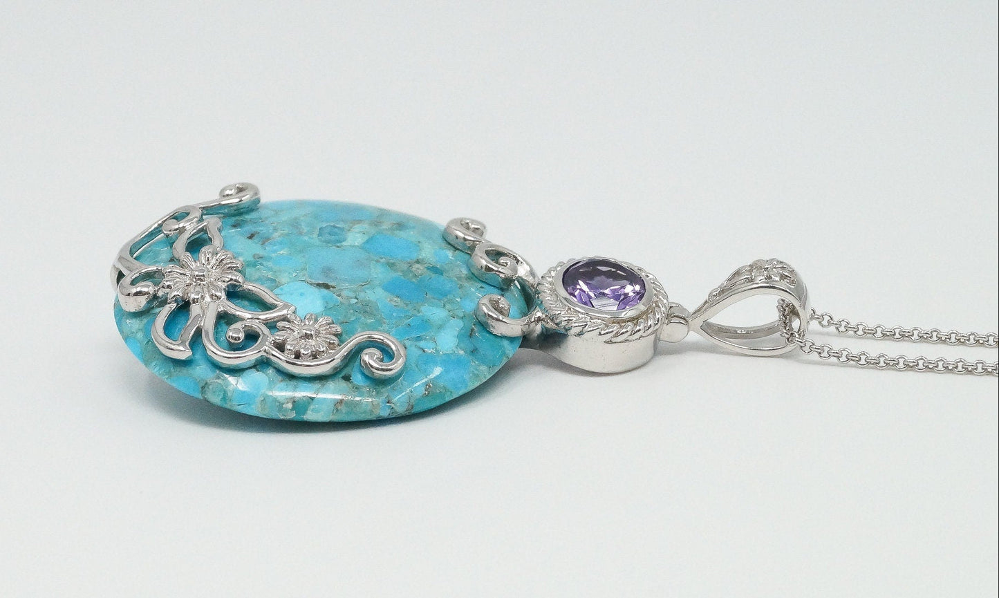 Large Blue Mojave Turquoise Amethyst Sterling Silver Necklace