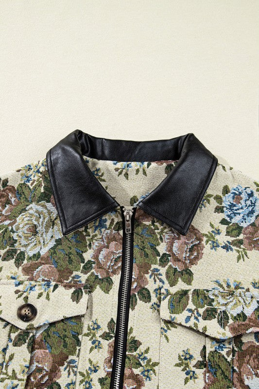Miss Sparkling |Floral Zip-Up Contrast Collared Jacket