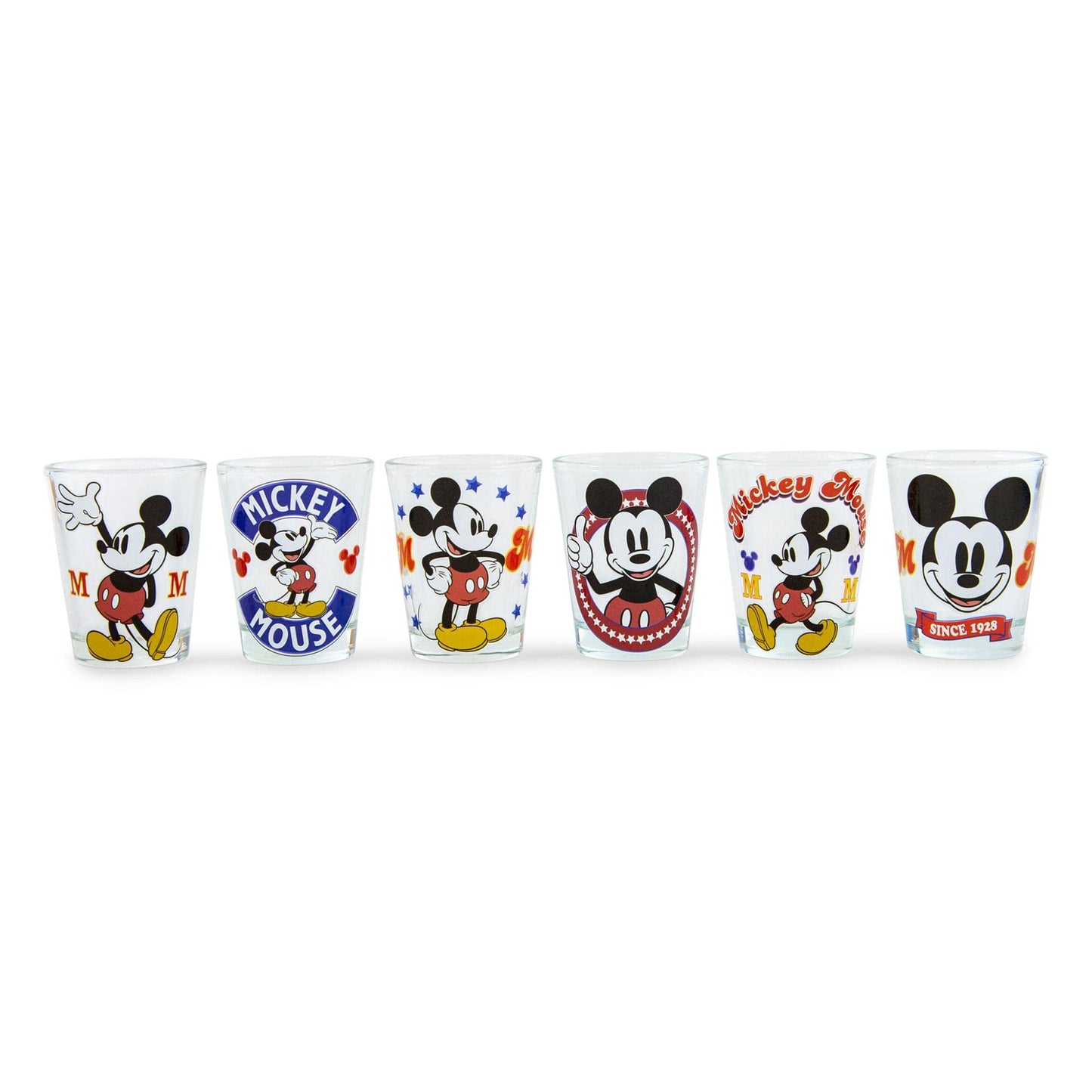 Disney Vintage Mickey Mouse 2-Ounce Mini Whiskey Shot Glass Cups Set of 6 | Home Barware Drinkware