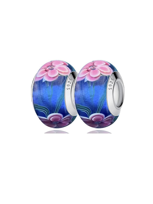 2-Pack 925 Sterling Silver Handmade Murano Glass Flower Charms