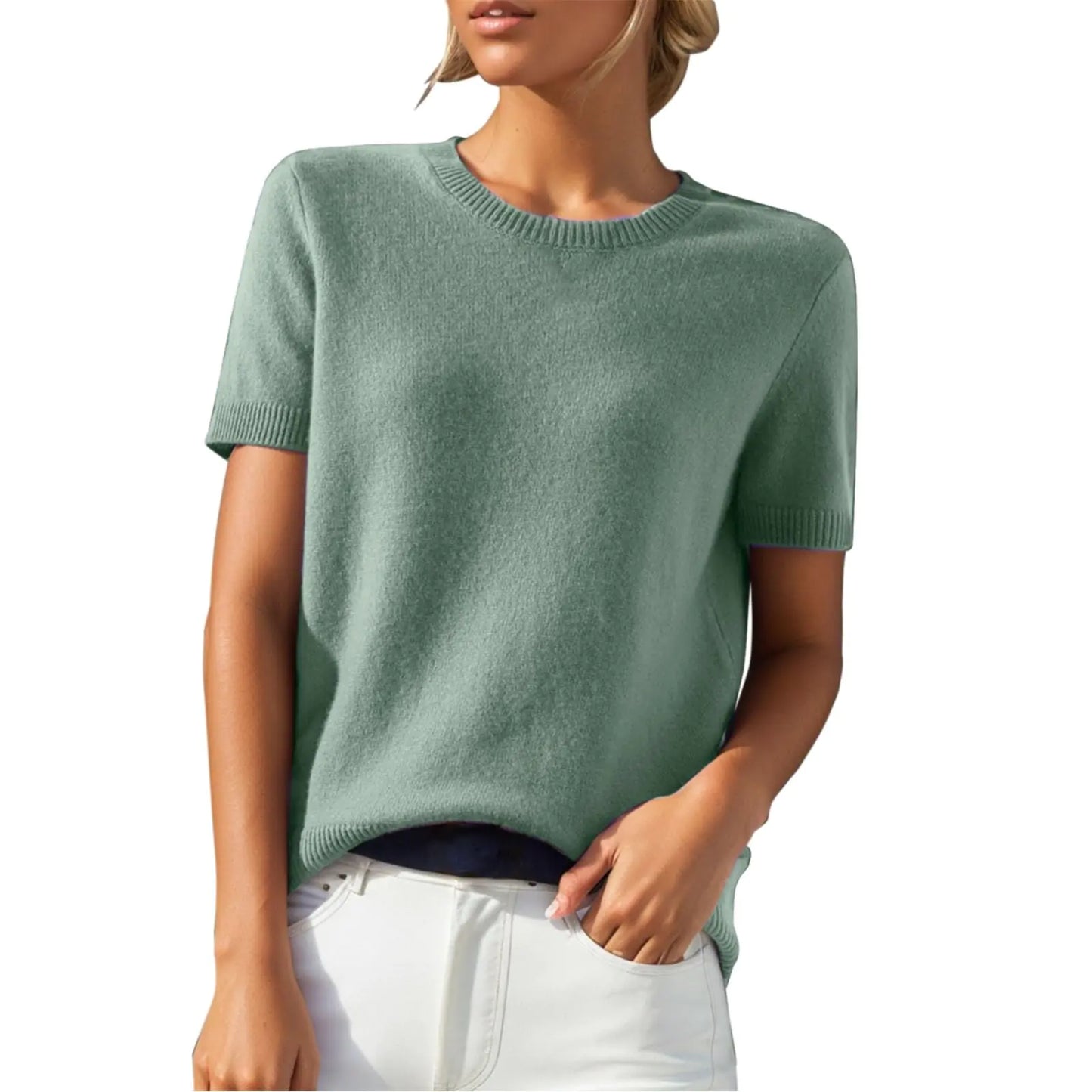 Women Cashmere Crew Neck Short Sleeve Sweater