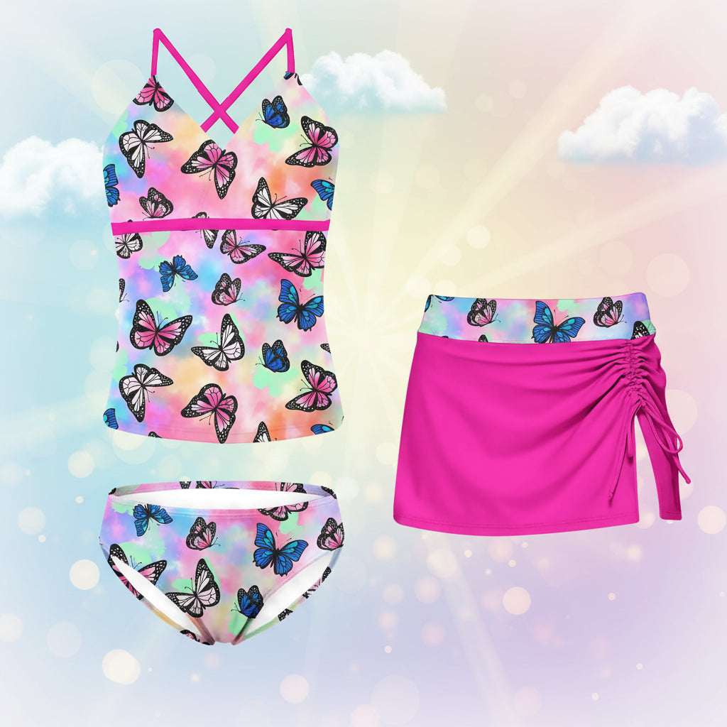 Girls 3 Piece Butterfly Tankini Swimsuit Set 11-12 Years