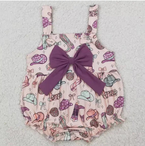 Hot Sale Infant Baby Girls Rompers Strap Hats Boots Purple Bow Top Ruffle Rompers Western Fashion Toddler Girls Bubbles Rompers