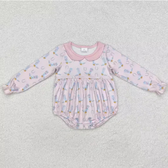 Hot Sale Infant Baby Girls Rompers Strap Hats Boots Purple Bow Top Ruffle Rompers Western Fashion Toddler Girls Bubbles Rompers