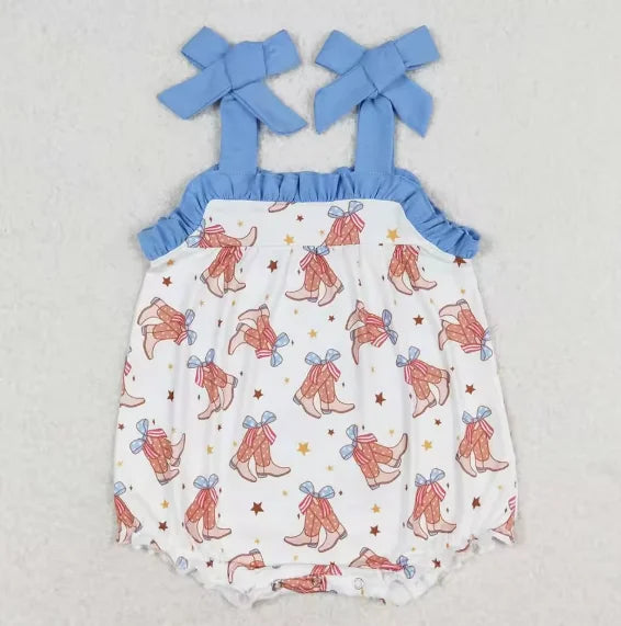 Hot Sale Infant Baby Girls Rompers Strap Hats Boots Purple Bow Top Ruffle Rompers Western Fashion Toddler Girls Bubbles Rompers