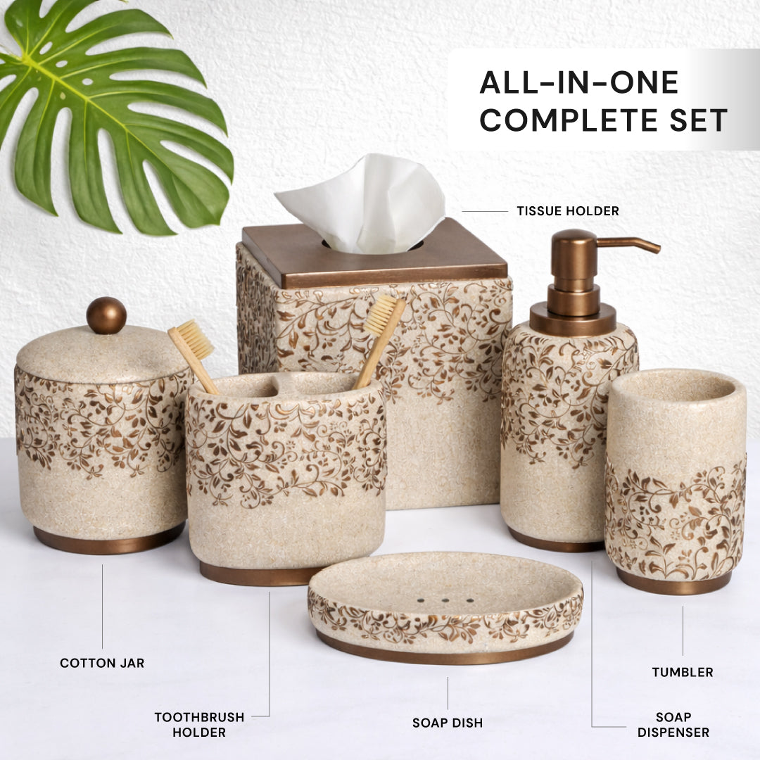 The Beige Stella Collection – Elegant Modern Bathroom Décor Accessories Set of 6