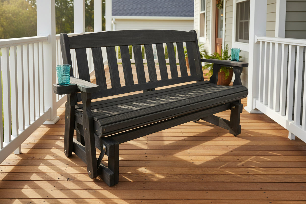 4ft Heavy Duty Black Wooden Porch Glider Bench with Cupholders - Made in USA