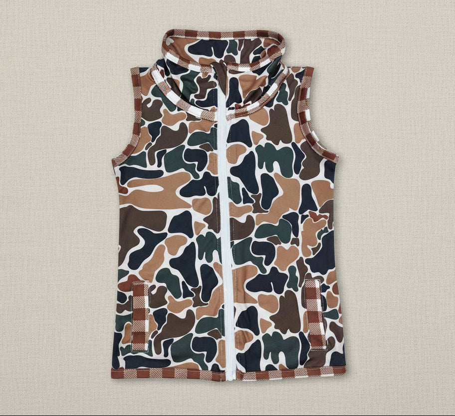 Sleeveless camo pockets baby boy hunting zip vest