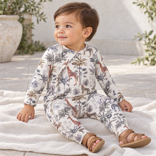 Jungle Safari Bamboo Zipper Romper with Convertible Cuffs