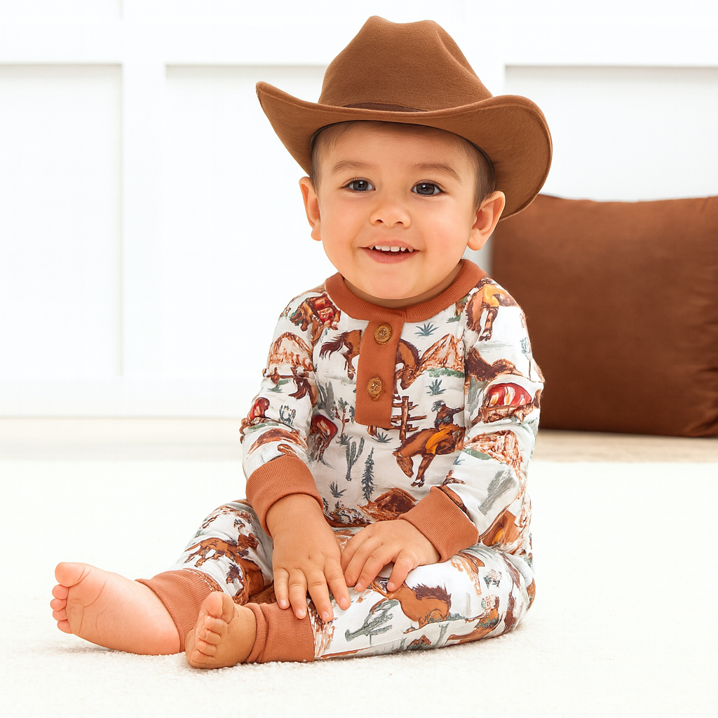 Cowboy Henley Baby Romper – Bamboo Western Spirit