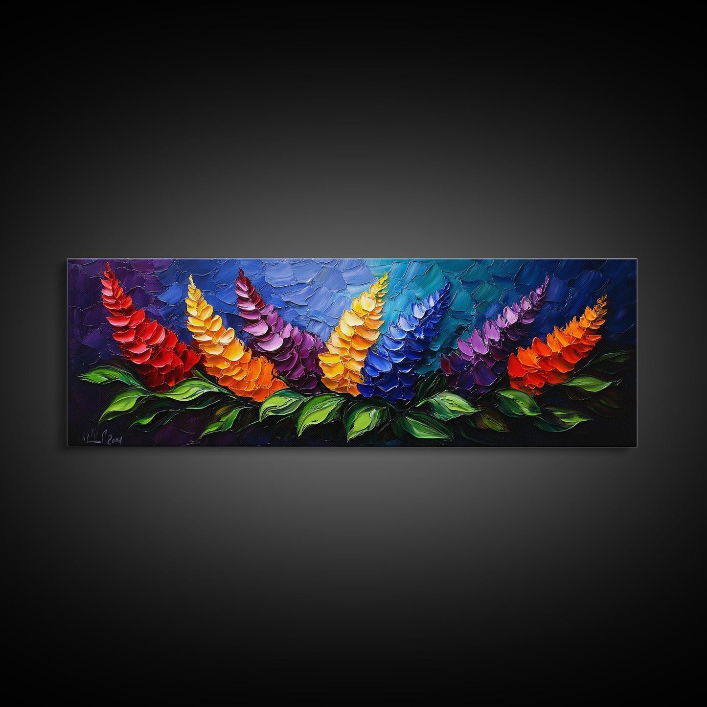 Large Wildflower Painting on Navy Blue Background, Canvas Print, 3D Appearance, Minimalist / Boho Farmhouse Decor