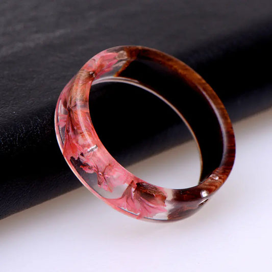 Natural Dried Flower Resin Wood Ring - Vintage Jewelry