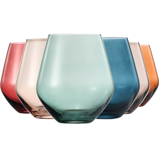 Colored Stemless Crystal Wine Glass Set of 6, Gift For Her, Him, Wife, Friend - Large 16 oz Glasses, Unique Italian Style Tall Drinkware - Red & White, Dinner, Color Beautiful Glassware - (Pastel) by The Wine Savant