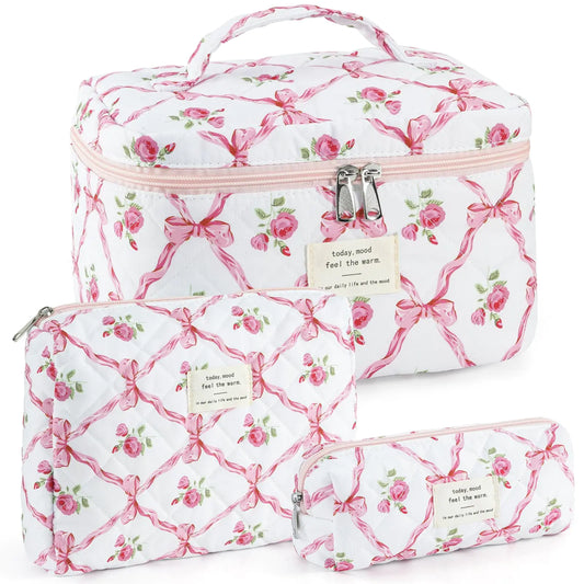 UYUUY Makeup Bag for Women 3PCS Quilted Cotton Make Up Bag Travel Cosmetic Bag Large Makeup Bag Set Cute Bow Makeup Bag Organizer Floral Toiletry Bag Makeup Pouch for Purse Pink