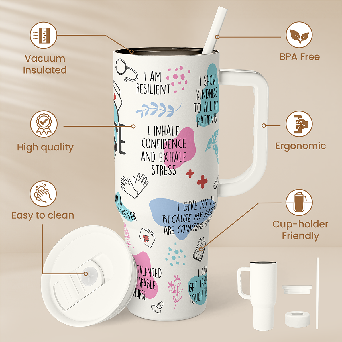 Nurse Tumbler with Handle 40oz, Inspiration Affirmations Coffee Travel Mug Cups with Straw, Nurse Appreciation Gifts for Women Female Nurses, Nursing Gift for Birthday Christmas Nurse Week