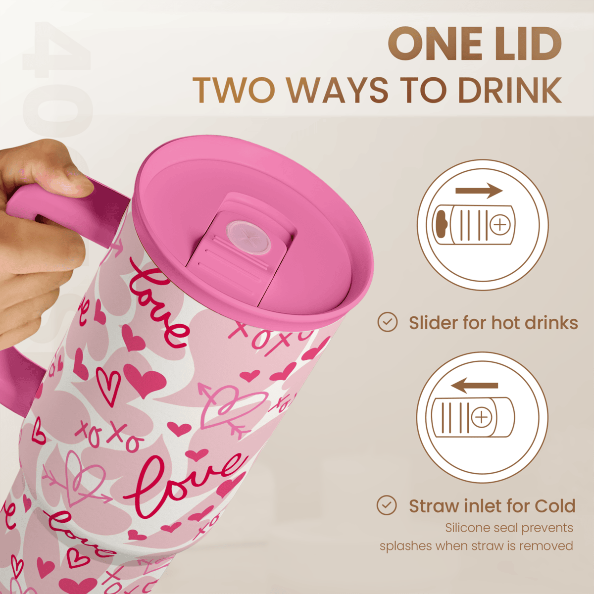 Heart Tumbler with Handle 40oz, Valentines Stainless Steel Insulated Tumblers Coffee Travel Cup with Straw Lid, Gifts for Women Girl