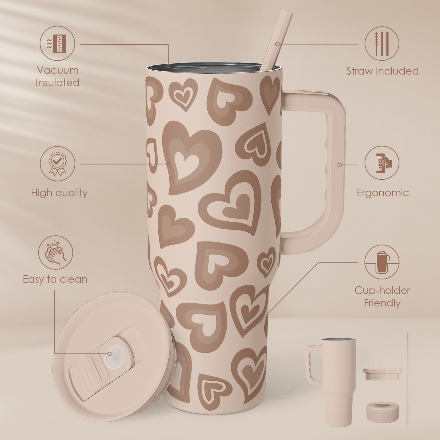 Heart Tumbler with Handle and Straw 40oz – Stainless Sleel Slider Tumbler Travel Coffee Mug for Women - Gift Idea for Birthday Christmas Valentine's Day