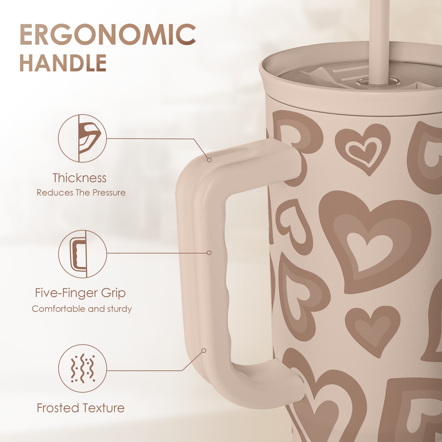Heart Tumbler with Handle and Straw 40oz – Stainless Sleel Slider Tumbler Travel Coffee Mug for Women - Gift Idea for Birthday Christmas Valentine's Day