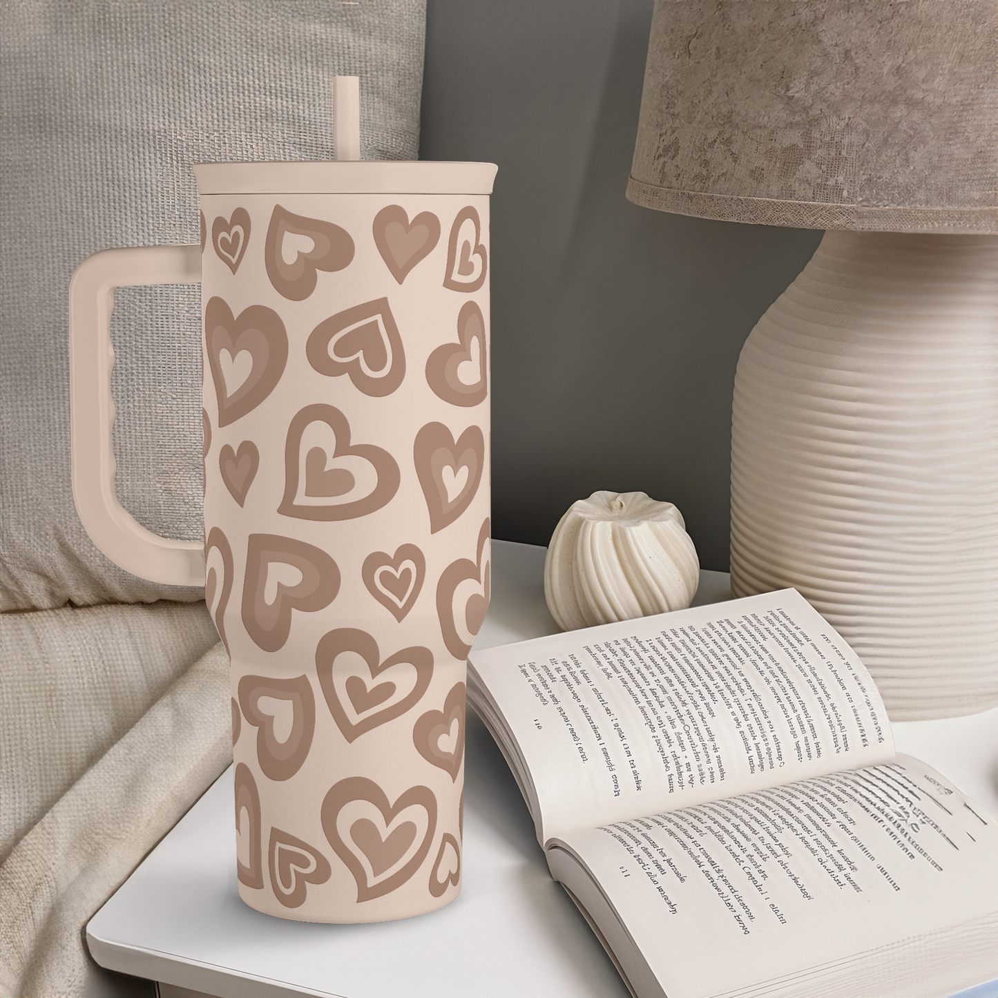 Heart Tumbler with Handle and Straw 40oz – Stainless Sleel Slider Tumbler Travel Coffee Mug for Women - Gift Idea for Birthday Christmas Valentine's Day