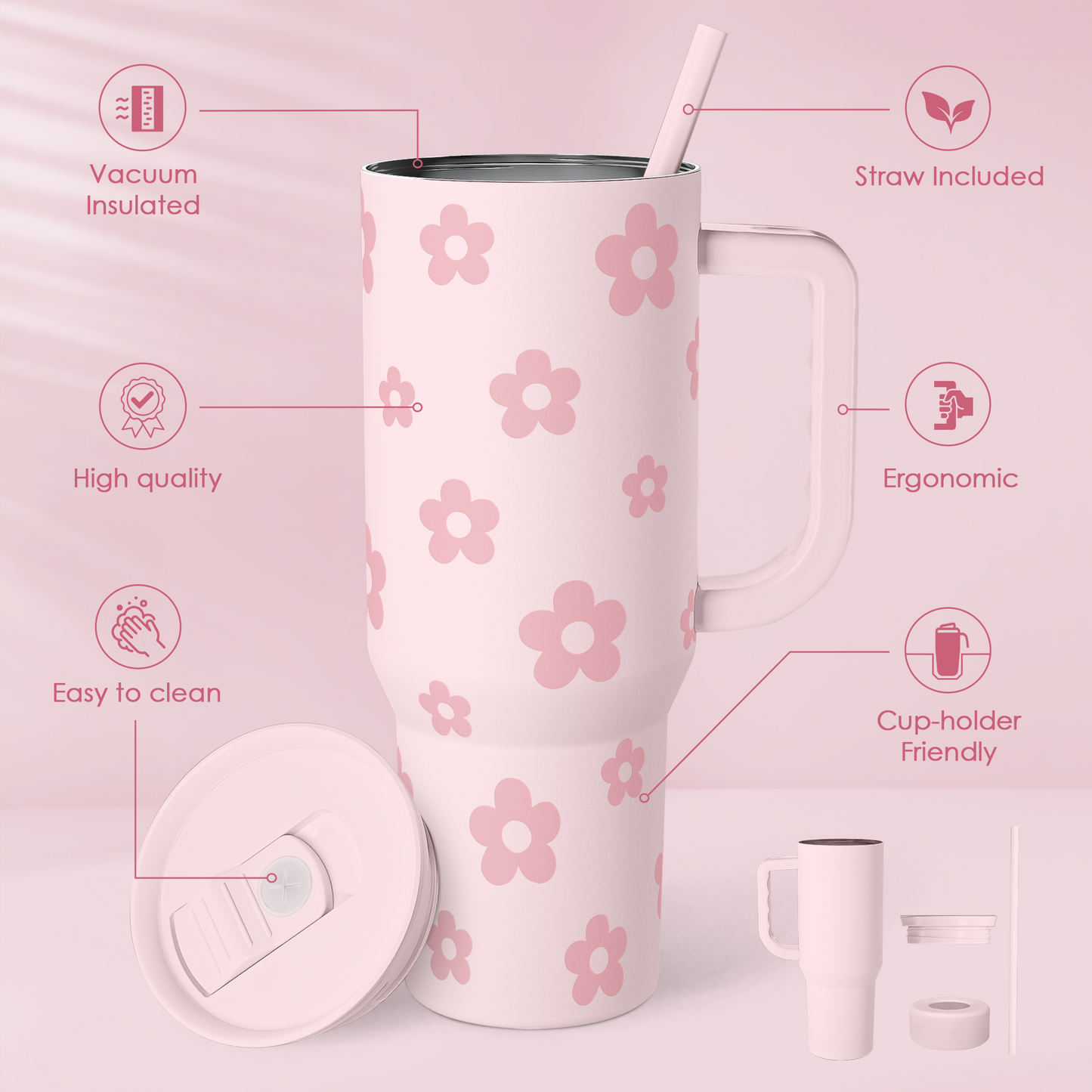 Floral Tumbler with Handle and Straw 40oz Stainless Sleel Slider Tumbler Travel Coffee Mug for Women - Gift Idea for Birthday Christmas