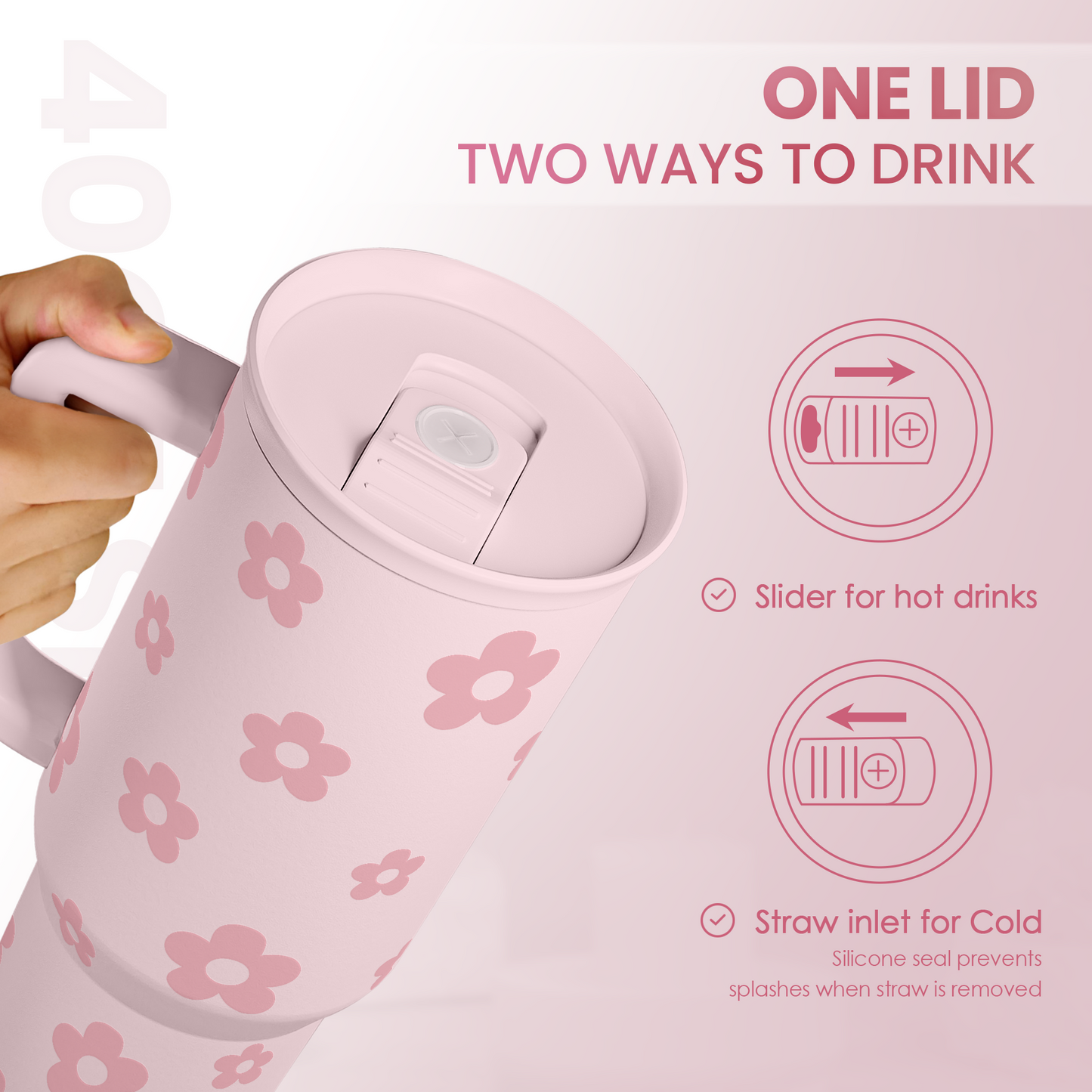 Floral Tumbler with Handle and Straw 40oz Stainless Sleel Slider Tumbler Travel Coffee Mug for Women - Gift Idea for Birthday Christmas