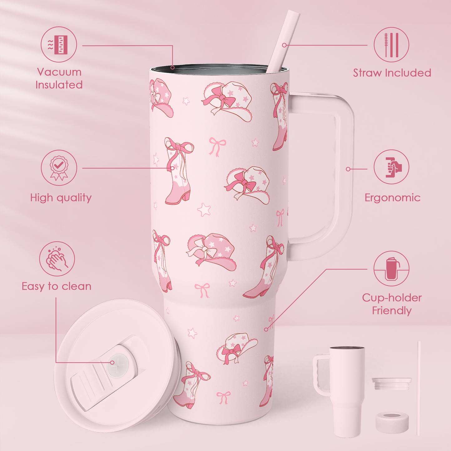 Cowgirl 40oz Slider Tumbler with Handle and Straw - Insulated Stainless Steel Travel Coffee Mug for Women Girls, Gift for Birthday, Christmas