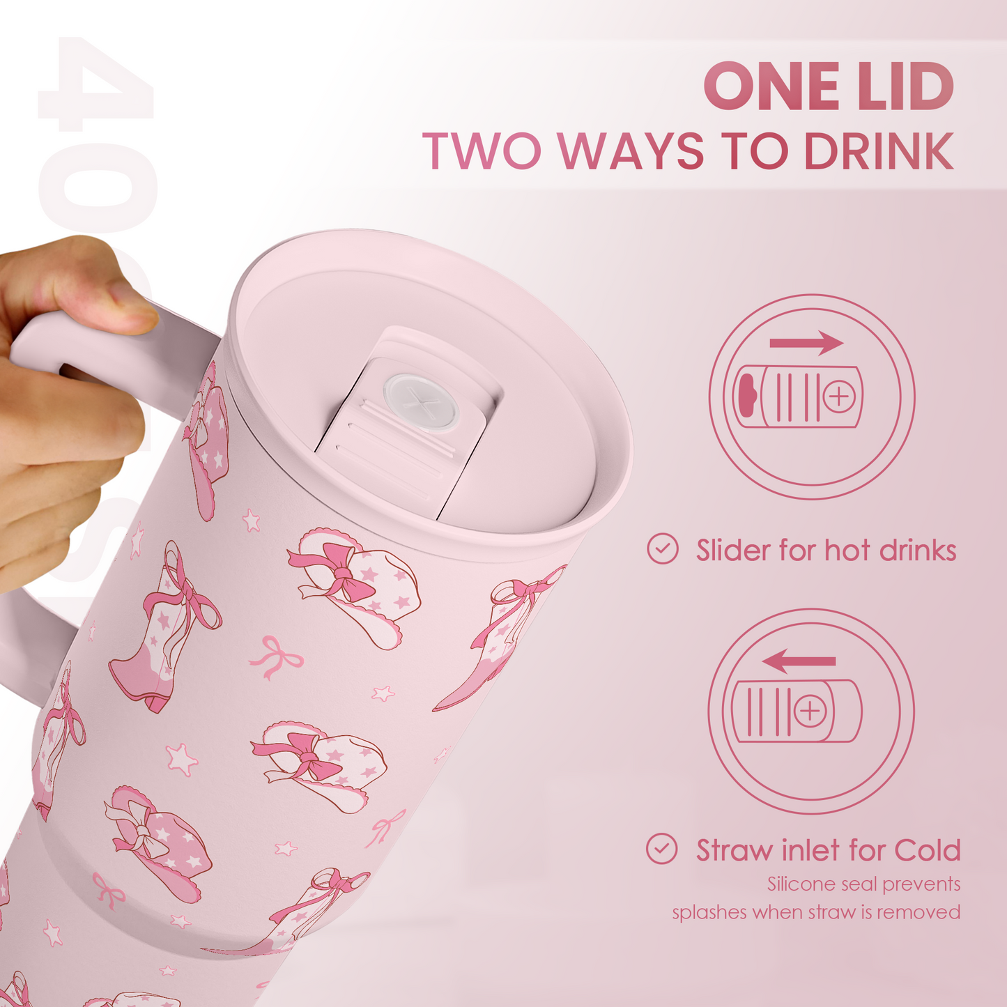 Cowgirl 40oz Slider Tumbler with Handle and Straw - Insulated Stainless Steel Travel Coffee Mug for Women Girls, Gift for Birthday, Christmas