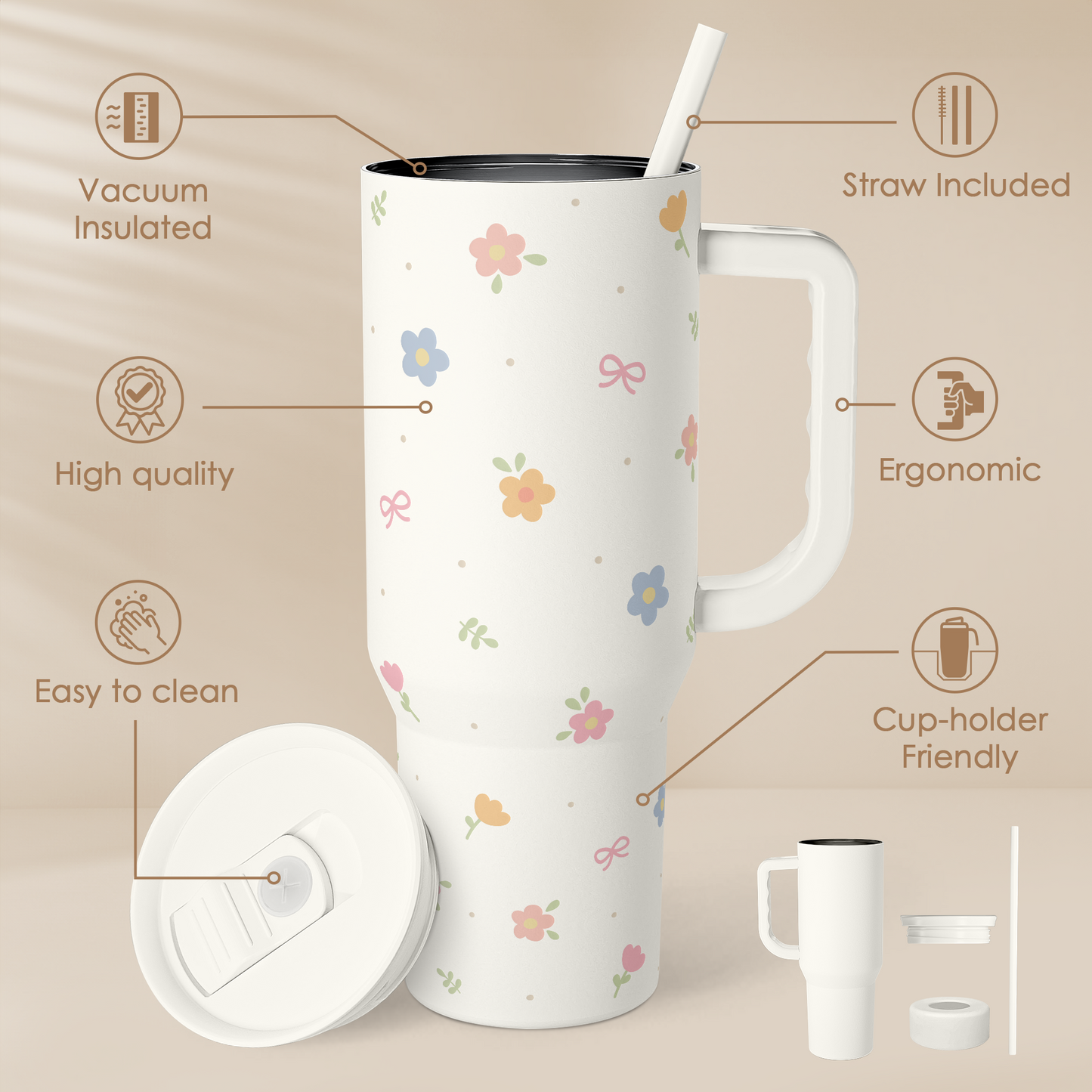 Floral 40oz Slider Tumbler with Handle and Straw - Insulated Stainless Steel Travel Coffee Mug for Women Girls, Gift for Birthday Christmas