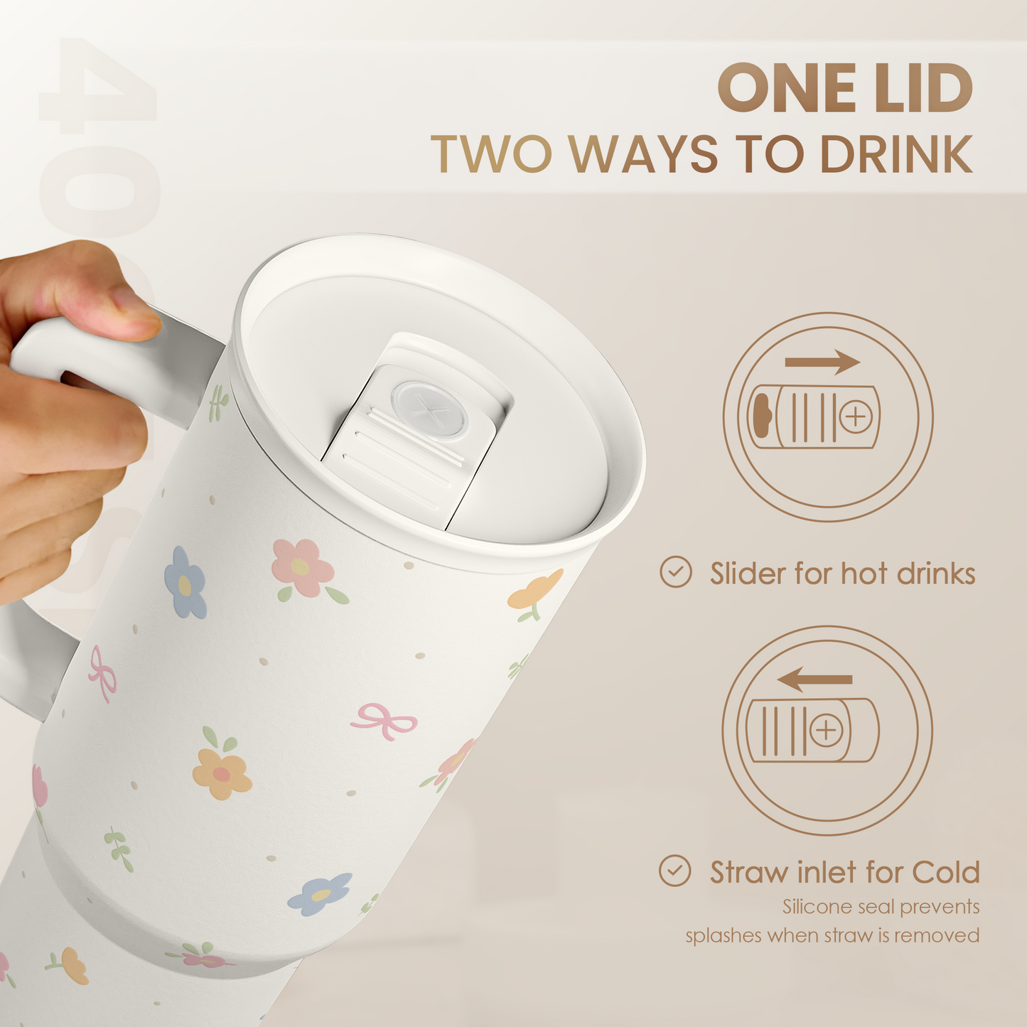 Floral 40oz Slider Tumbler with Handle and Straw - Insulated Stainless Steel Travel Coffee Mug for Women Girls, Gift for Birthday Christmas