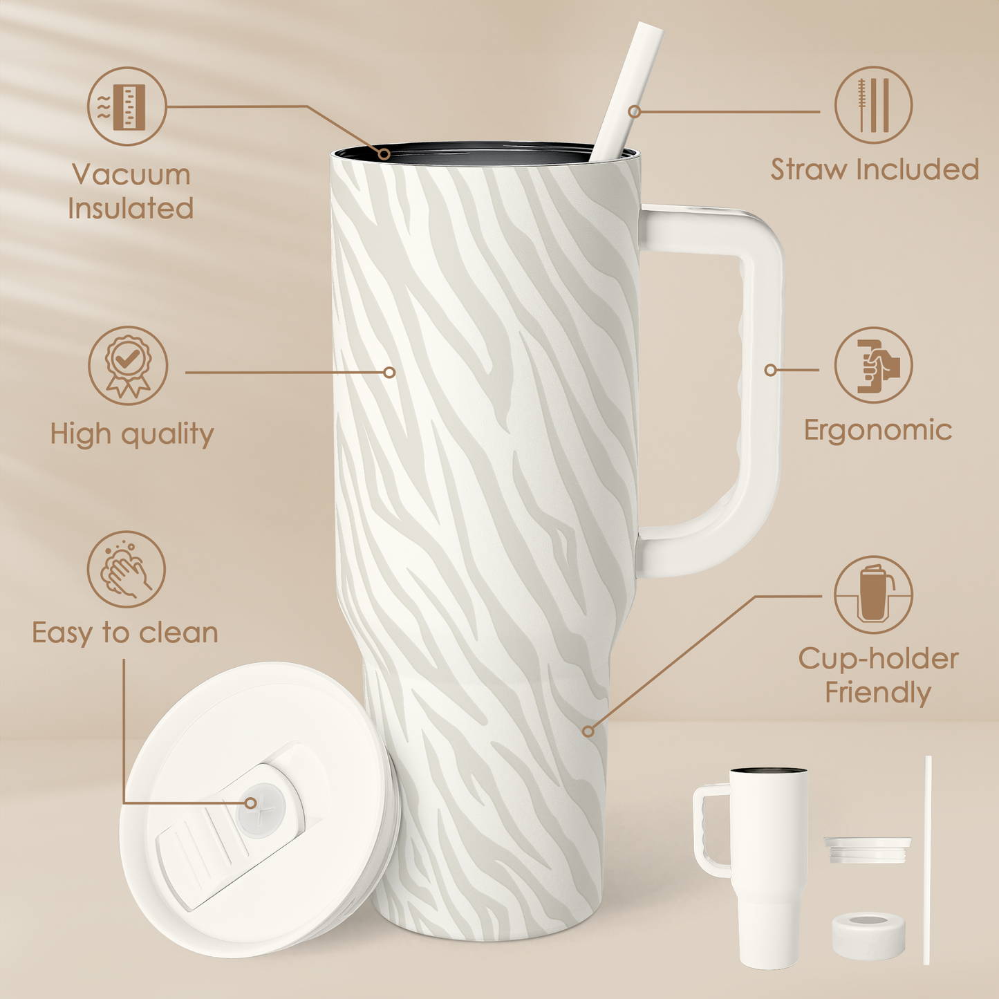 Zebra Skin 40oz Slider Tumbler with Handle and Straw - Insulated Stainless Steel Travel Coffee Mug for Women Girls, Gift for Birthday, Christmas