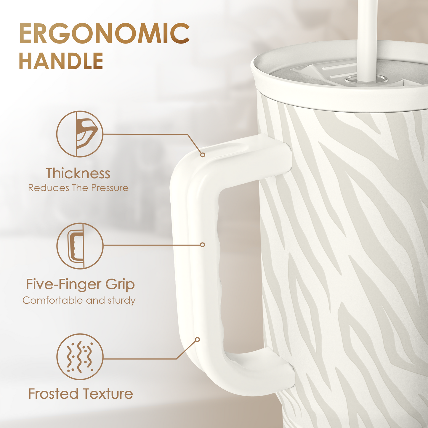 Zebra Skin 40oz Slider Tumbler with Handle and Straw - Insulated Stainless Steel Travel Coffee Mug for Women Girls, Gift for Birthday, Christmas