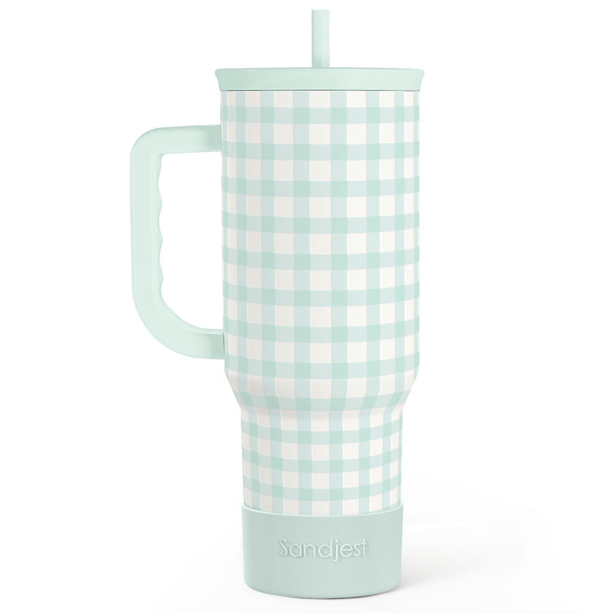 Mint Gingham 40oz Slider Tumbler with Handle and Straw - Insulated Stainless Steel Travel Coffee Mug for Women Girls, Gift for Birthday, Christmas