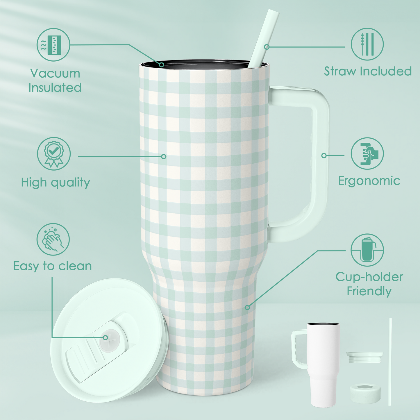 Mint Gingham 40oz Slider Tumbler with Handle and Straw - Insulated Stainless Steel Travel Coffee Mug for Women Girls, Gift for Birthday, Christmas