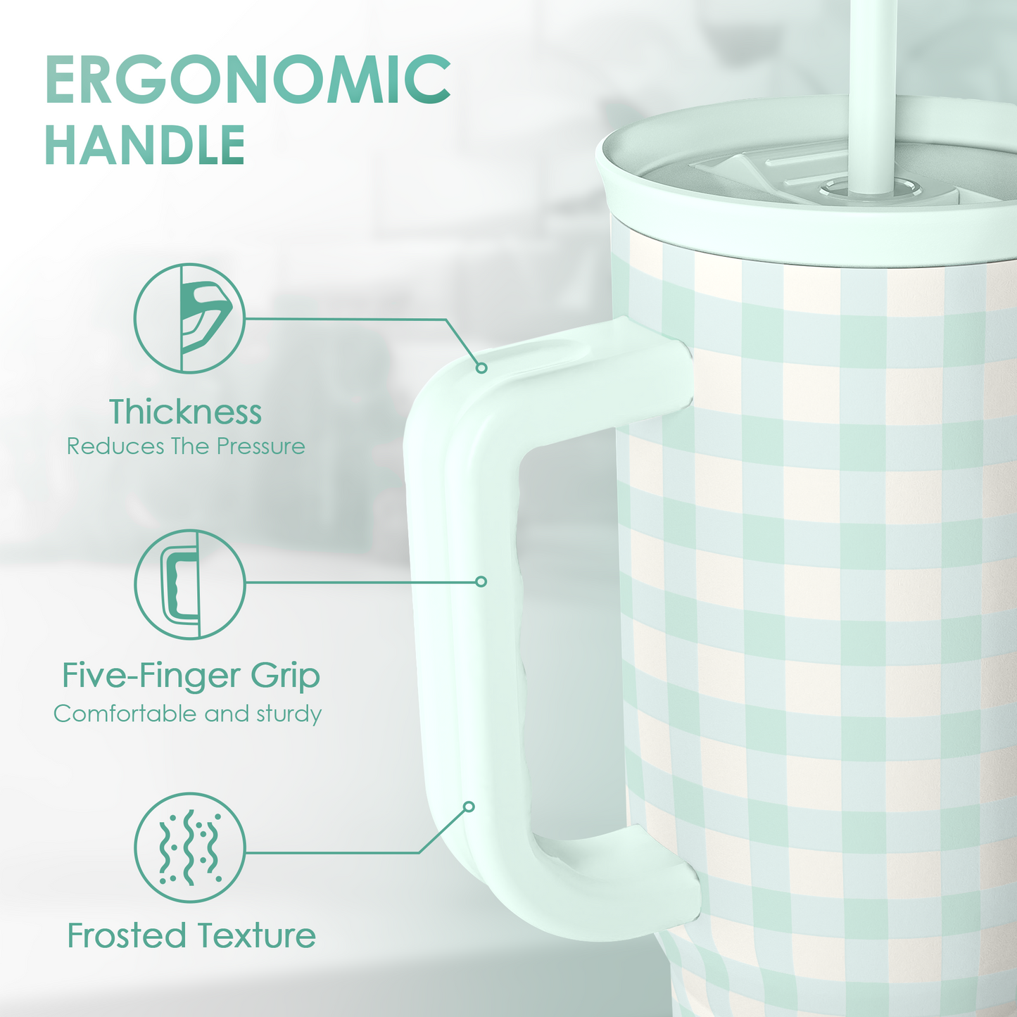 Mint Gingham 40oz Slider Tumbler with Handle and Straw - Insulated Stainless Steel Travel Coffee Mug for Women Girls, Gift for Birthday, Christmas