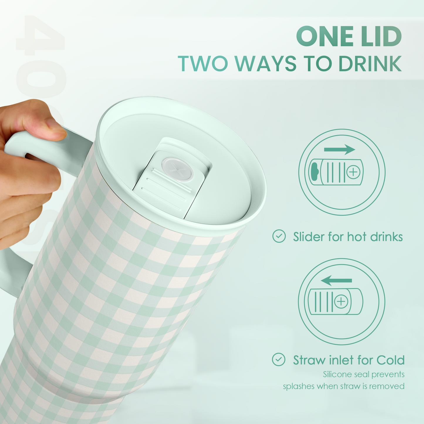 Mint Gingham 40oz Slider Tumbler with Handle and Straw - Insulated Stainless Steel Travel Coffee Mug for Women Girls, Gift for Birthday, Christmas