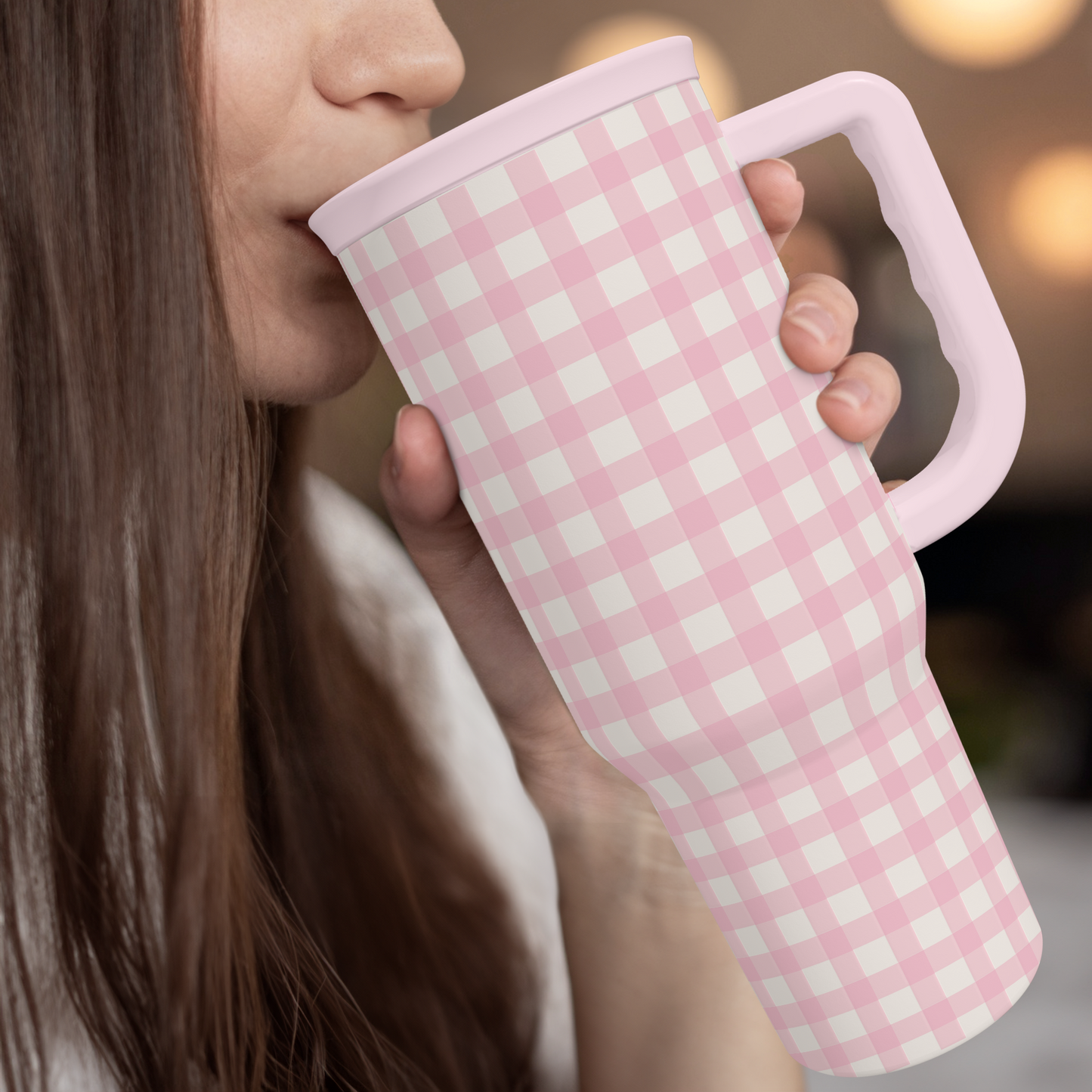 Pink Gingham 40oz Slider Tumbler with Handle and Straw - Insulated Stainless Steel Travel Coffee Mug for Women Girls, Gift for Birthday, Christmas