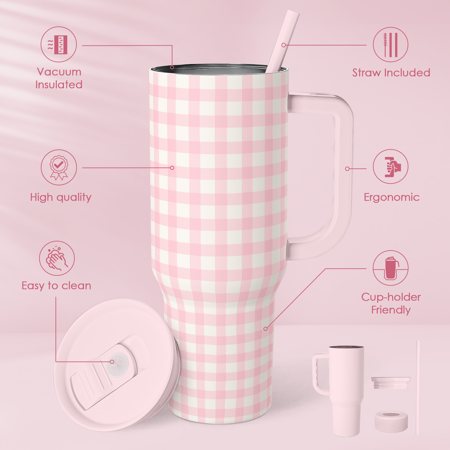Pink Gingham 40oz Slider Tumbler with Handle and Straw - Insulated Stainless Steel Travel Coffee Mug for Women Girls, Gift for Birthday, Christmas