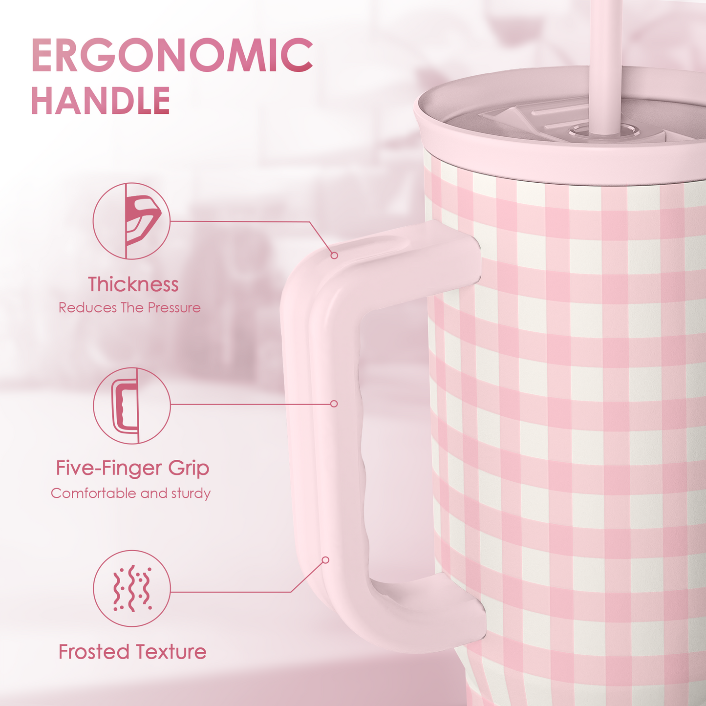 Pink Gingham 40oz Slider Tumbler with Handle and Straw - Insulated Stainless Steel Travel Coffee Mug for Women Girls, Gift for Birthday, Christmas
