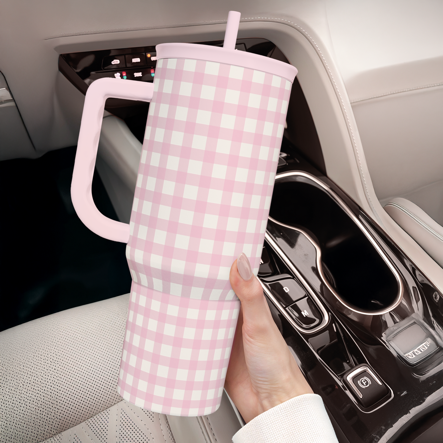 Pink Gingham 40oz Slider Tumbler with Handle and Straw - Insulated Stainless Steel Travel Coffee Mug for Women Girls, Gift for Birthday, Christmas